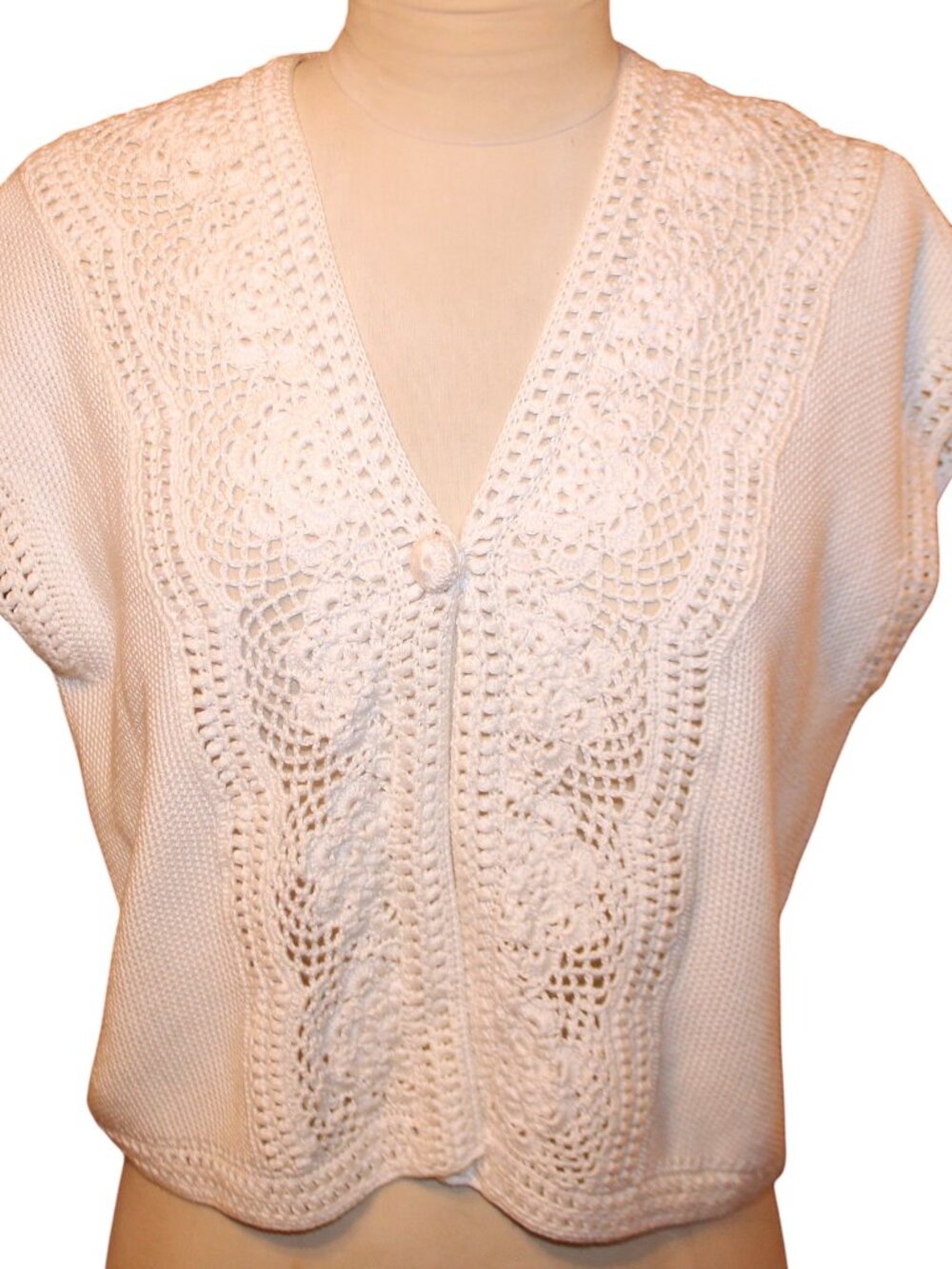 Jones New York Crochet Lace Trim Cardigan Vest Cropped White Sweater PL Coquette